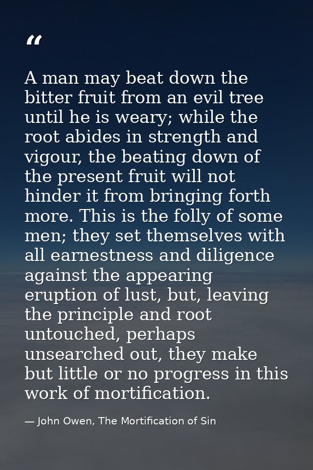 A man may beat down the bitter fruit from an evil tree until he is weary; while the root abides in strength and vigour,  — John Owen, The Mortification of Sin