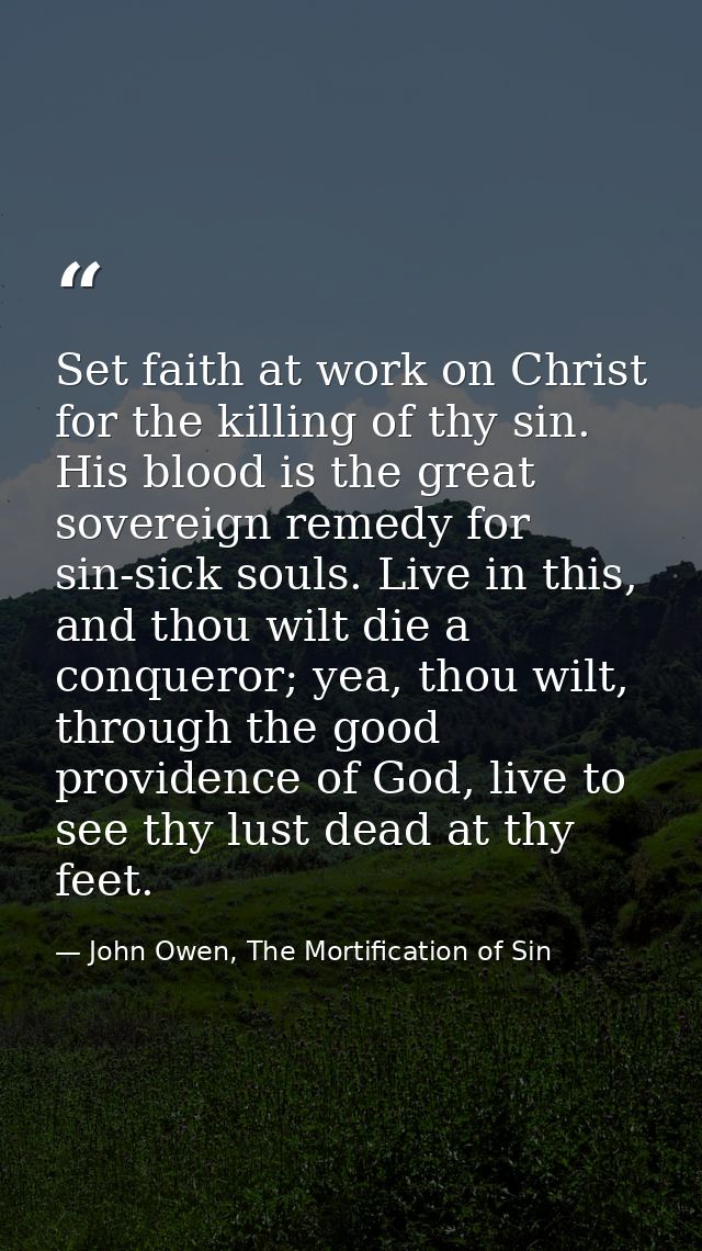 Set faith at work on Christ for the killing of thy sin. His blood is the great sovereign remedy for sin-sick souls. Live — John Owen, The Mortification of Sin