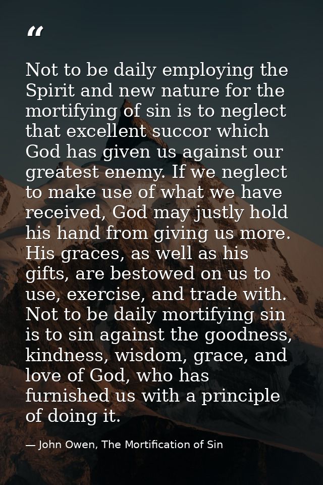 Not to be daily employing the Spirit and new nature for the mortifying of sin is to neglect that excellent succor which  — John Owen, The Mortification of Sin