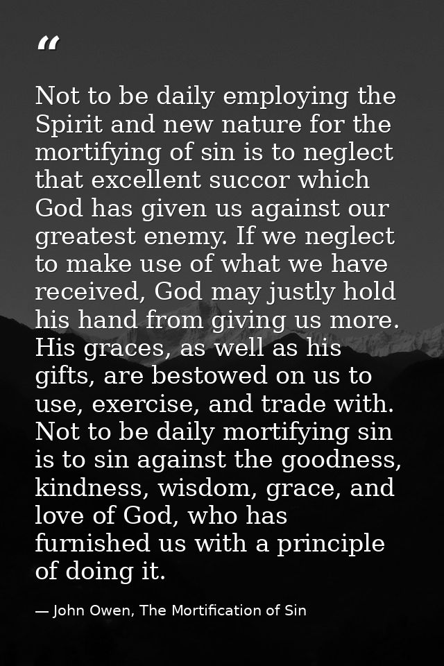 Not to be daily employing the Spirit and new nature for the mortifying of sin is to neglect that excellent succor which  — John Owen, The Mortification of Sin