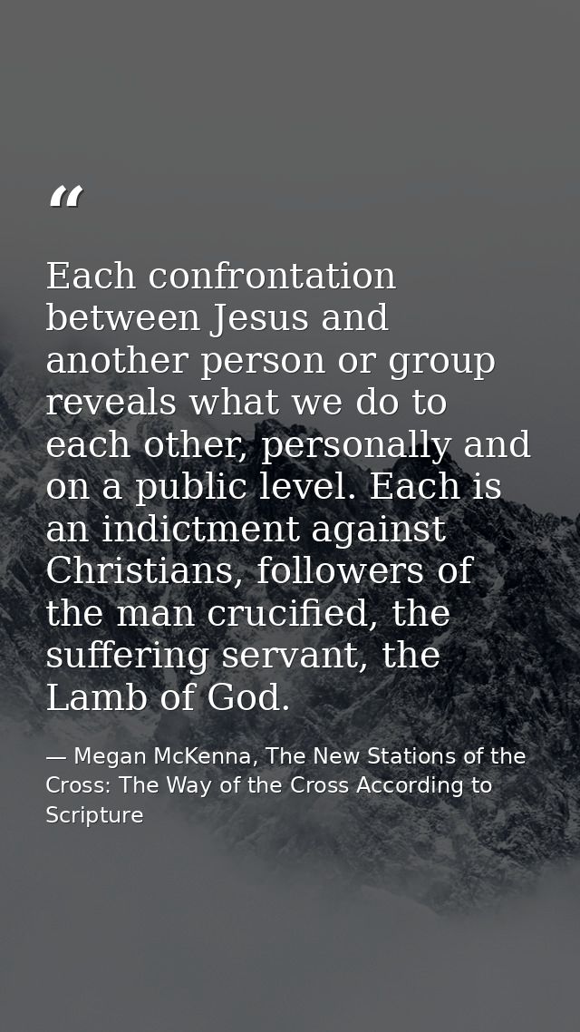 Each confrontation between Jesus and another person or group reveals what we do to each other, personally and on a publi — Megan McKenna, The New Stations of the Cross: The Way of the Cross According to Scripture