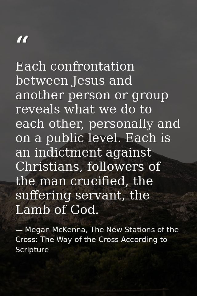 Each confrontation between Jesus and another person or group reveals what we do to each other, personally and on a publi — Megan McKenna, The New Stations of the Cross: The Way of the Cross According to Scripture