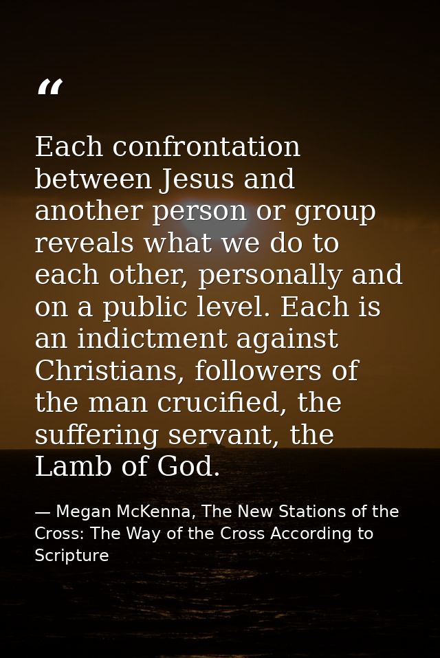 Each confrontation between Jesus and another person or group reveals what we do to each other, personally and on a publi — Megan McKenna, The New Stations of the Cross: The Way of the Cross According to Scripture