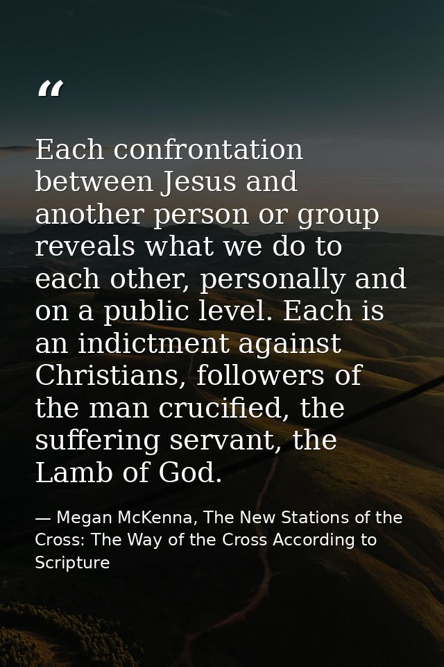 Each confrontation between Jesus and another person or group reveals what we do to each other, personally and on a publi — Megan McKenna, The New Stations of the Cross: The Way of the Cross According to Scripture