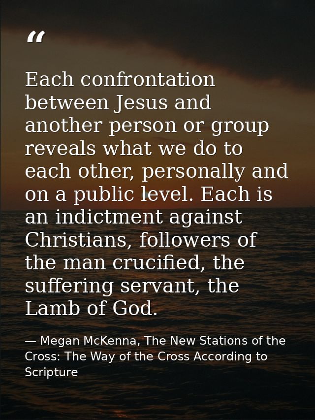 Each confrontation between Jesus and another person or group reveals what we do to each other, personally and on a publi — Megan McKenna, The New Stations of the Cross: The Way of the Cross According to Scripture