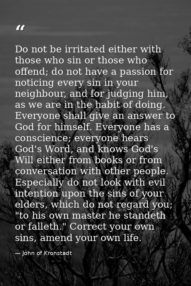 Do not be irritated either with those who sin or those who offend; do not have a passion for noticing every sin in your  — John of Kronstadt