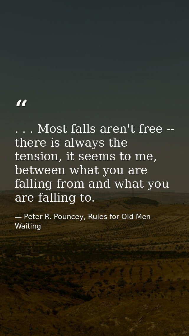 . . . Most falls aren't free -- there is always the tension, it seems to me, between what you are falling from and what  — Peter R. Pouncey, Rules for Old Men Waiting