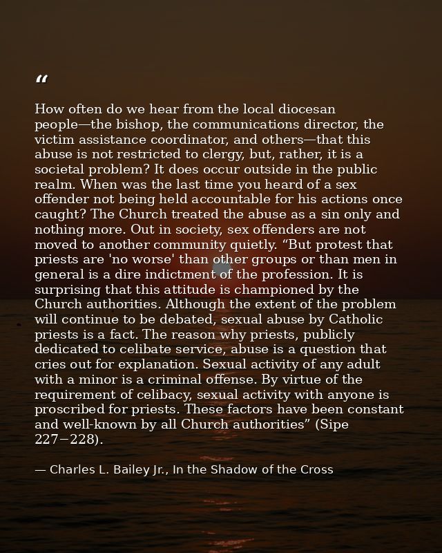 How often do we hear from the local diocesan people—the bishop, the communications director, the victim assistance coord — Charles L. Bailey Jr., In the Shadow of the Cross