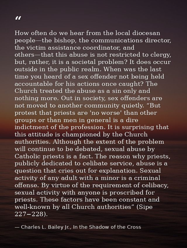How often do we hear from the local diocesan people—the bishop, the communications director, the victim assistance coord — Charles L. Bailey Jr., In the Shadow of the Cross