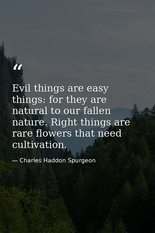 Evil things are easy things: for they are natural to our fallen nature. Right things are rare flowers that need cultivat — Charles Haddon Spurgeon