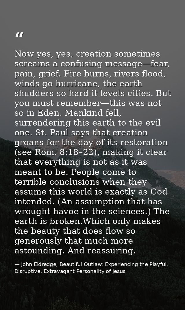 Now yes, yes, creation sometimes screams a confusing message—fear, pain, grief. Fire burns, rivers flood, winds go hurri — John Eldredge, Beautiful Outlaw: Experiencing the Playful, Disruptive, Extravagant Personality of Jesus