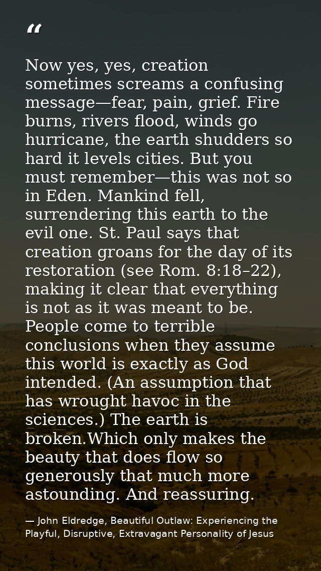 Now yes, yes, creation sometimes screams a confusing message—fear, pain, grief. Fire burns, rivers flood, winds go hurri — John Eldredge, Beautiful Outlaw: Experiencing the Playful, Disruptive, Extravagant Personality of Jesus
