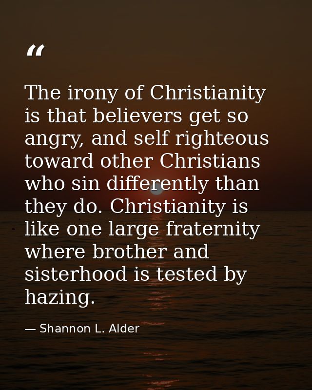 The irony of Christianity is that believers get so angry, and self righteous toward other Christians who sin differently — Shannon L. Alder