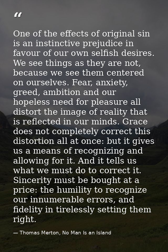One of the effects of original sin is an instinctive prejudice in favour of our own selfish desires. We see things as th — Thomas Merton, No Man Is an Island