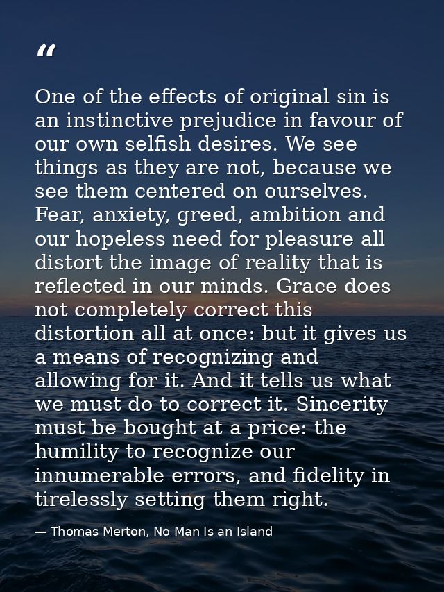 One of the effects of original sin is an instinctive prejudice in favour of our own selfish desires. We see things as th — Thomas Merton, No Man Is an Island