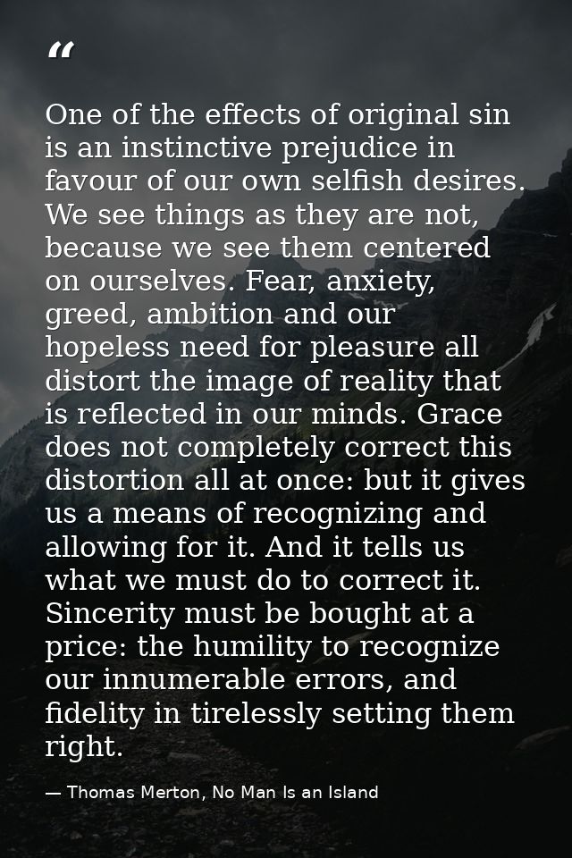 One of the effects of original sin is an instinctive prejudice in favour of our own selfish desires. We see things as th — Thomas Merton, No Man Is an Island