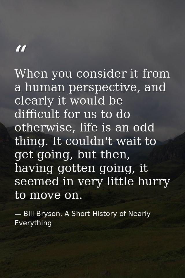 When you consider it from a human perspective, and clearly it would be difficult for us to do otherwise, life is an odd  — Bill Bryson, A Short History of Nearly Everything
