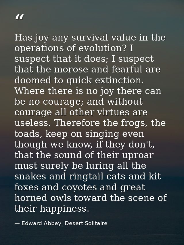 Has joy any survival value in the operations of evolution? I suspect that it does; I suspect that the morose and fearful — Edward Abbey, Desert Solitaire