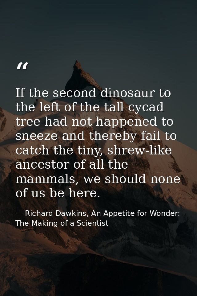 If the second dinosaur to the left of the tall cycad tree had not happened to sneeze and thereby fail to catch the tiny, — Richard Dawkins, An Appetite for Wonder: The Making of a Scientist
