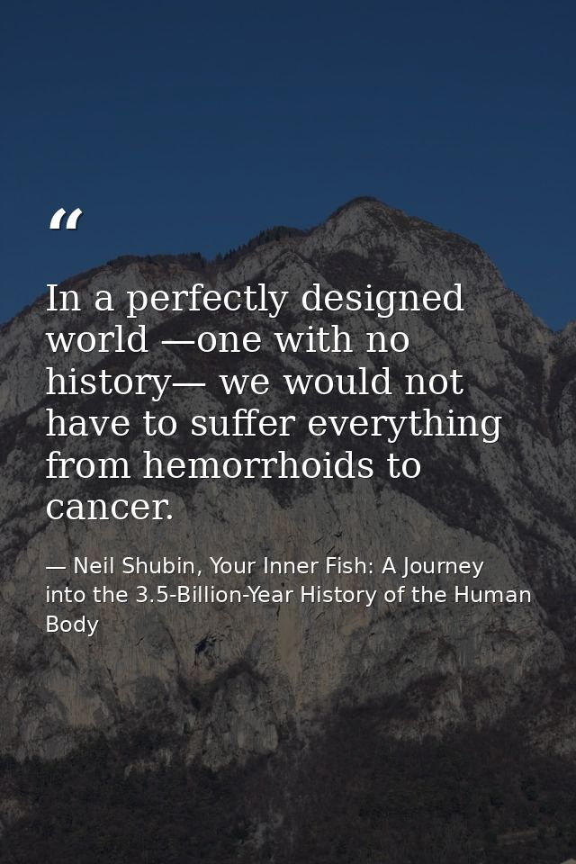 In a perfectly designed world —one with no history— we would not have to suffer everything from hemorrhoids to cancer. — Neil Shubin, Your Inner Fish: A Journey into the 3.5-Billion-Year History of the Human Body