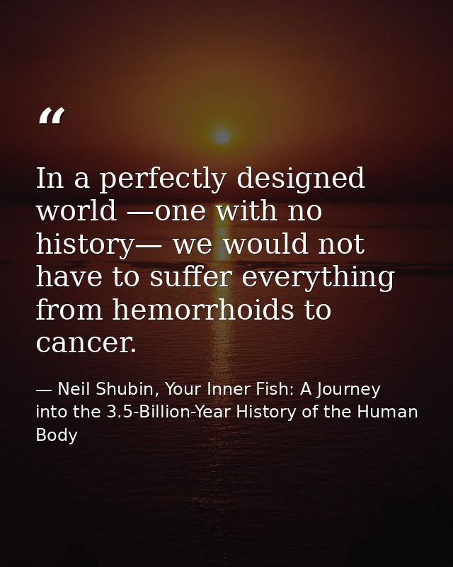 In a perfectly designed world —one with no history— we would not have to suffer everything from hemorrhoids to cancer. — Neil Shubin, Your Inner Fish: A Journey into the 3.5-Billion-Year History of the Human Body