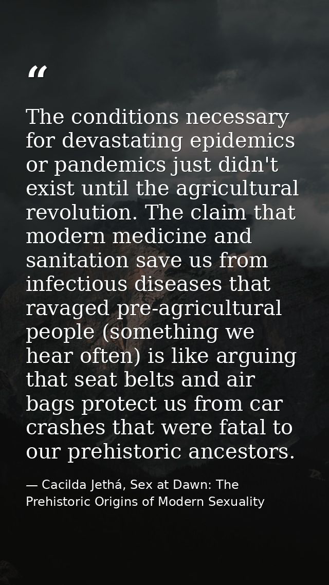 The conditions necessary for devastating epidemics or pandemics just didn't exist until the agricultural revolution. The — Cacilda Jethá, Sex at Dawn: The Prehistoric Origins of Modern Sexuality