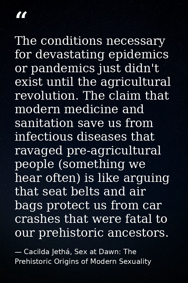 The conditions necessary for devastating epidemics or pandemics just didn't exist until the agricultural revolution. The — Cacilda Jethá, Sex at Dawn: The Prehistoric Origins of Modern Sexuality