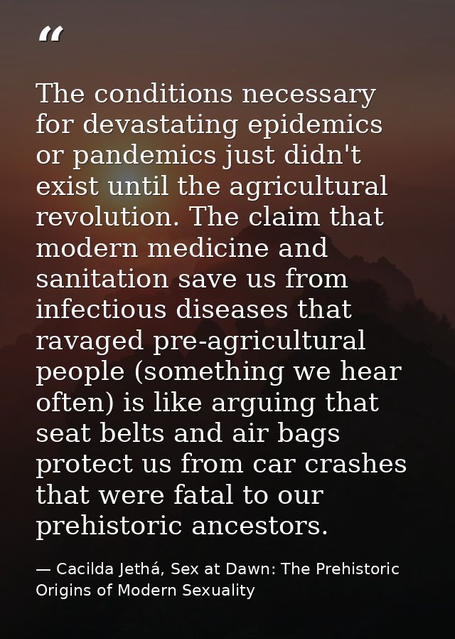 The conditions necessary for devastating epidemics or pandemics just didn't exist until the agricultural revolution. The — Cacilda Jethá, Sex at Dawn: The Prehistoric Origins of Modern Sexuality