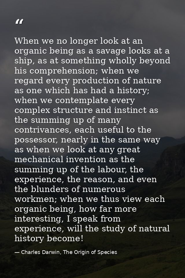 When we no longer look at an organic being as a savage looks at a ship, as at something wholly beyond his comprehension; — Charles Darwin, The Origin of Species