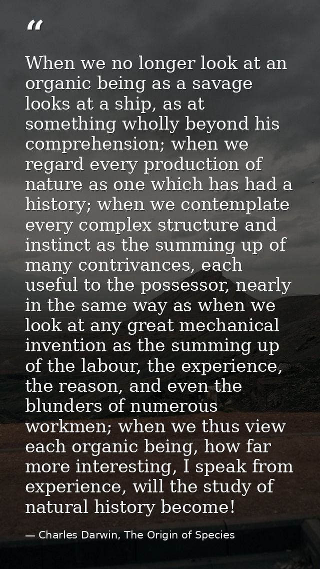 When we no longer look at an organic being as a savage looks at a ship, as at something wholly beyond his comprehension; — Charles Darwin, The Origin of Species