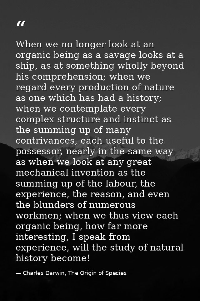 When we no longer look at an organic being as a savage looks at a ship, as at something wholly beyond his comprehension; — Charles Darwin, The Origin of Species