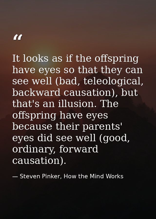 It looks as if the offspring have eyes so that they can see well (bad, teleological, backward causation), but that's an  — Steven Pinker, How the Mind Works