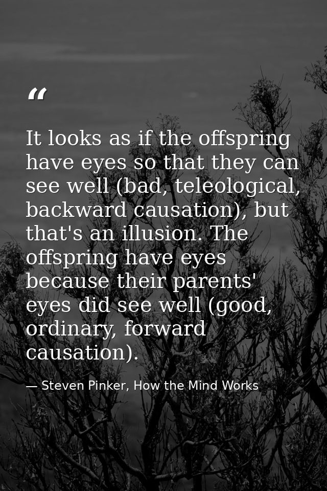 It looks as if the offspring have eyes so that they can see well (bad, teleological, backward causation), but that's an  — Steven Pinker, How the Mind Works