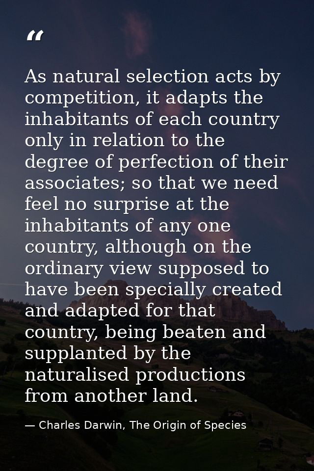 As natural selection acts by competition, it adapts the inhabitants of each country only in relation to the degree of pe — Charles Darwin, The Origin of Species