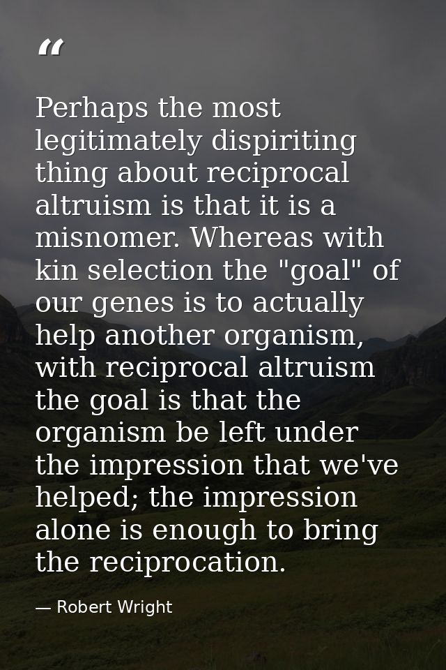 Perhaps the most legitimately dispiriting thing about reciprocal altruism is that it is a misnomer. Whereas with kin sel — Robert Wright