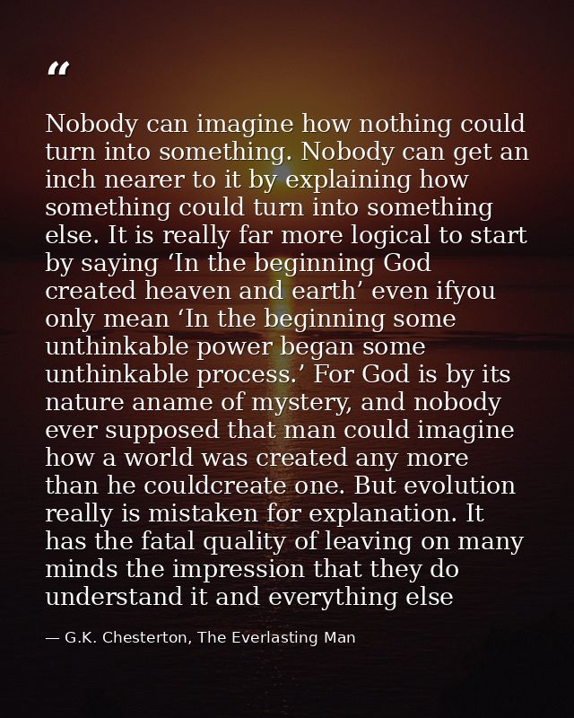 Nobody can imagine how nothing could turn into something. Nobody can get an inch nearer to it by explaining how somethin — G.K. Chesterton, The Everlasting Man
