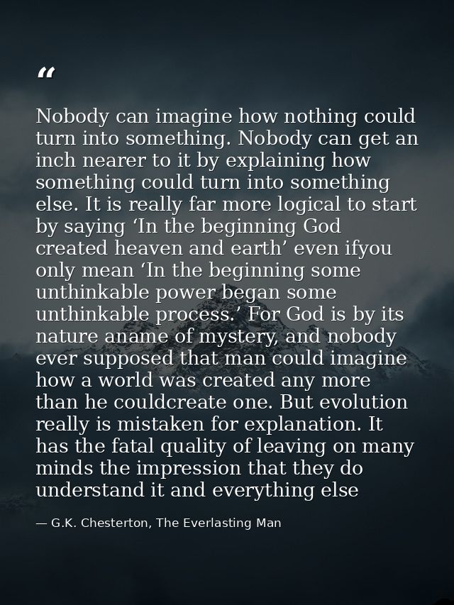 Nobody can imagine how nothing could turn into something. Nobody can get an inch nearer to it by explaining how somethin — G.K. Chesterton, The Everlasting Man