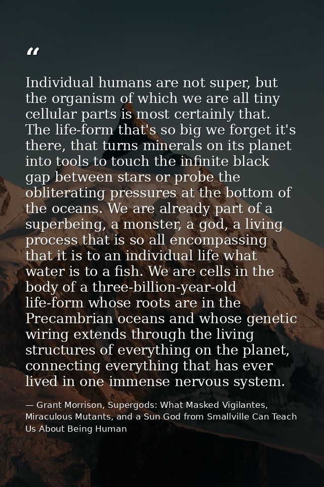 Individual humans are not super, but the organism of which we are all tiny cellular parts is most certainly that. The li — Grant Morrison, Supergods: What Masked Vigilantes, Miraculous Mutants, and a Sun God from Smallville Can Teach Us About Being Human