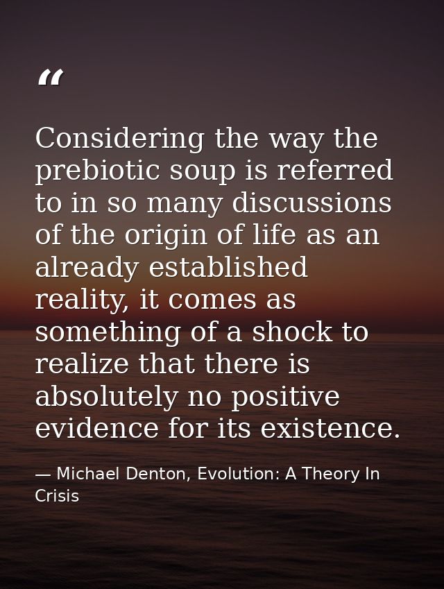 Considering the way the prebiotic soup is referred to in so many discussions of the origin of life as an already establi — Michael Denton, Evolution: A Theory In Crisis
