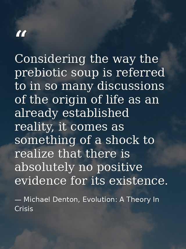 Considering the way the prebiotic soup is referred to in so many discussions of the origin of life as an already establi — Michael Denton, Evolution: A Theory In Crisis