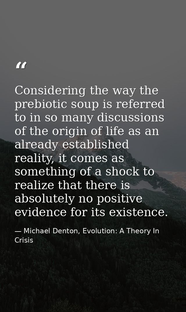 Considering the way the prebiotic soup is referred to in so many discussions of the origin of life as an already establi — Michael Denton, Evolution: A Theory In Crisis