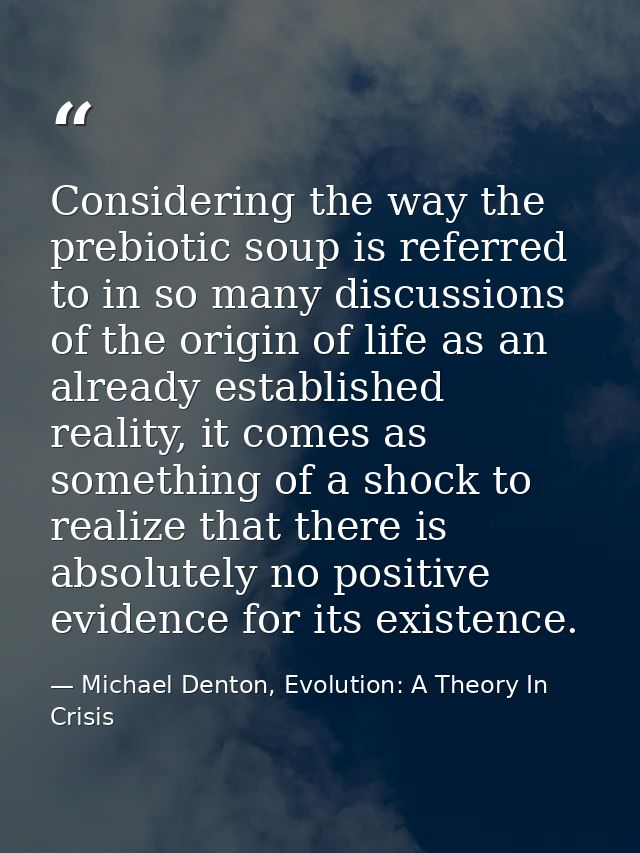 Considering the way the prebiotic soup is referred to in so many discussions of the origin of life as an already establi — Michael Denton, Evolution: A Theory In Crisis