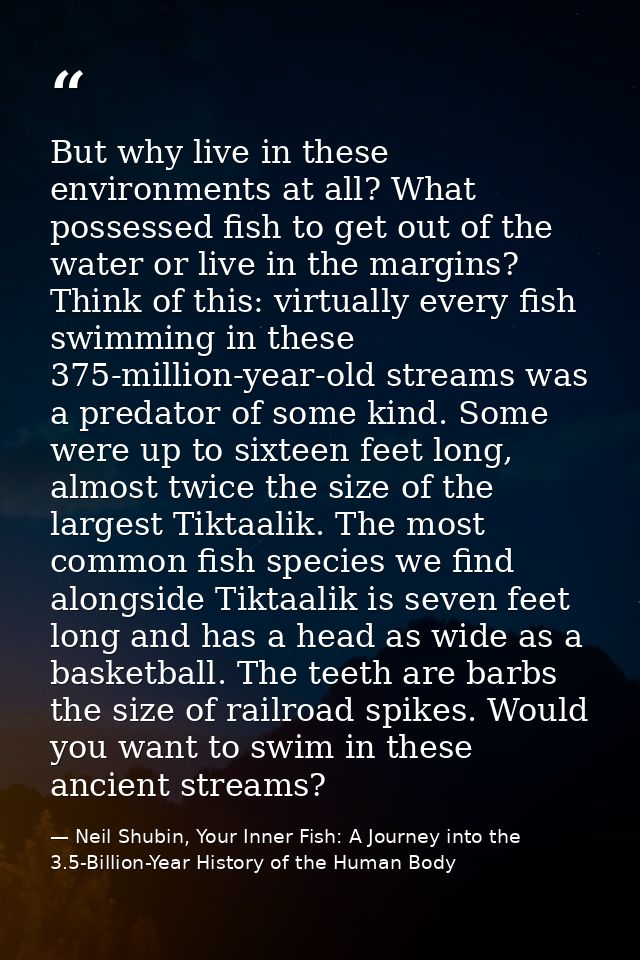 But why live in these environments at all? What possessed fish to get out of the water or live in the margins? Think of  — Neil Shubin, Your Inner Fish: A Journey into the 3.5-Billion-Year History of the Human Body
