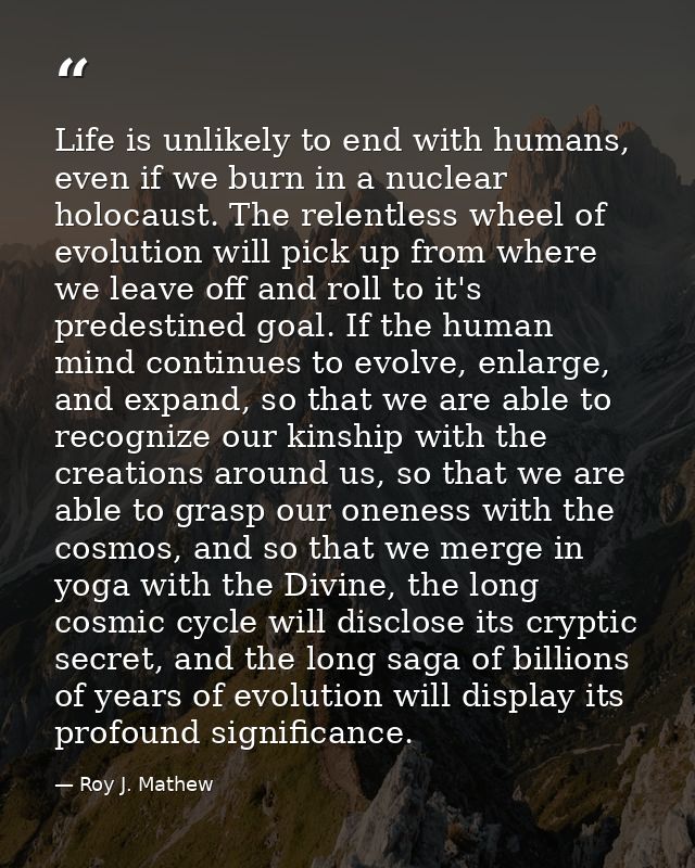 Life is unlikely to end with humans, even if we burn in a nuclear holocaust. The relentless wheel of evolution will pick — Roy J. Mathew