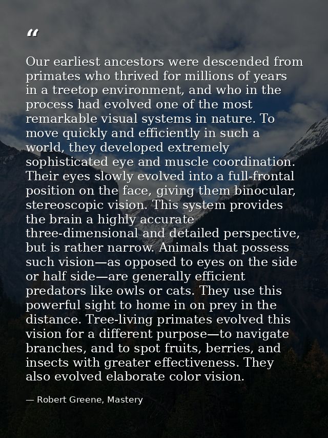 Our earliest ancestors were descended from primates who thrived for millions of years in a treetop environment, and who  — Robert Greene, Mastery