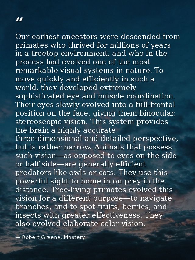 Our earliest ancestors were descended from primates who thrived for millions of years in a treetop environment, and who  — Robert Greene, Mastery