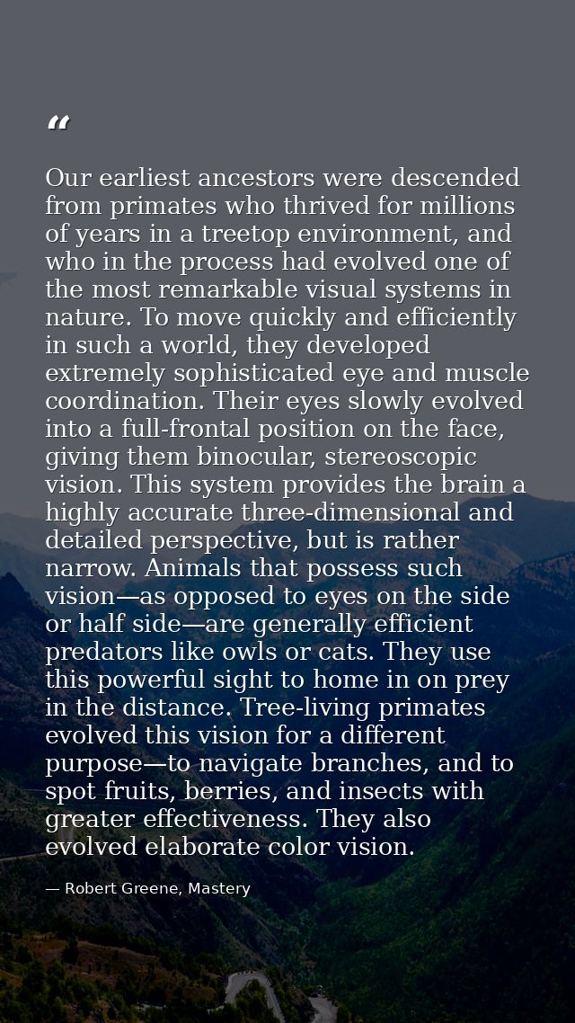 Our earliest ancestors were descended from primates who thrived for millions of years in a treetop environment, and who  — Robert Greene, Mastery