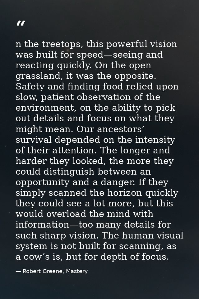 n the treetops, this powerful vision was built for speed—seeing and reacting quickly. On the open grassland, it was the  — Robert Greene, Mastery