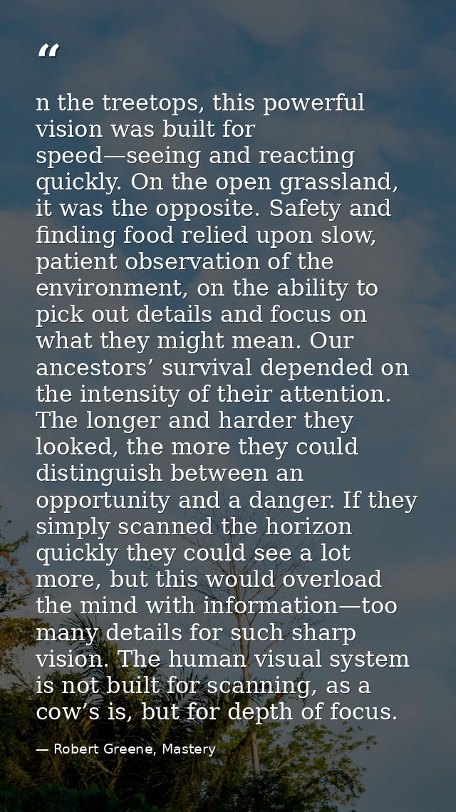 n the treetops, this powerful vision was built for speed—seeing and reacting quickly. On the open grassland, it was the  — Robert Greene, Mastery