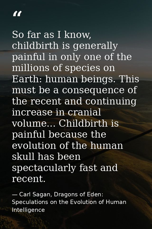 So far as I know, childbirth is generally painful in only one of the millions of species on Earth: human beings. This mu — Carl Sagan, Dragons of Eden: Speculations on the Evolution of Human Intelligence